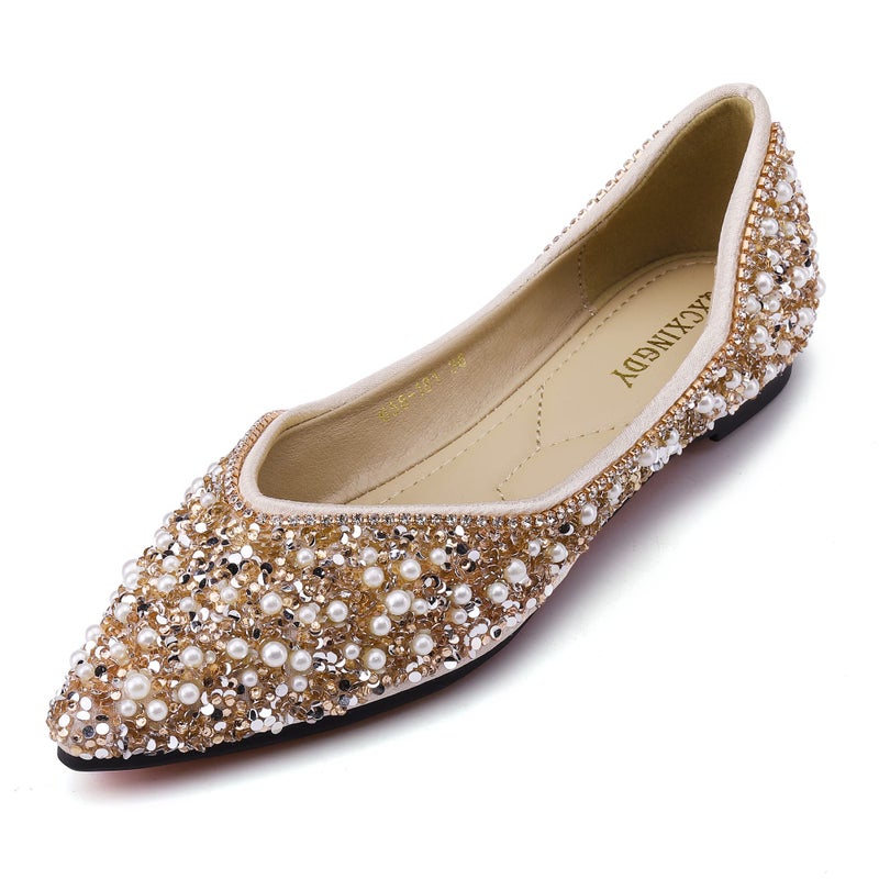 QXCXINGDY Women's Rhinestone Flats Fashion Pointed Toe Pearl Diamond Low Heel Dress Wedding Flats Work Business Dance Ballet Flats Gold Size - 7 - Image 1