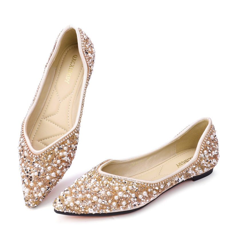 QXCXINGDY Women's Rhinestone Flats Fashion Pointed Toe Pearl Diamond Low Heel Dress Wedding Flats Work Business Dance Ballet Flats Gold Size - 7 - Image 2