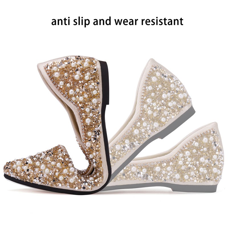 QXCXINGDY Women's Rhinestone Flats Fashion Pointed Toe Pearl Diamond Low Heel Dress Wedding Flats Work Business Dance Ballet Flats Gold Size - 7 - Image 4