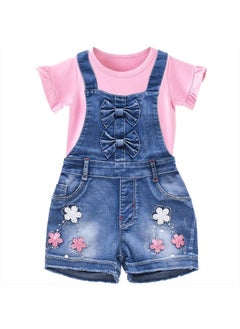 Peacolate 2-8Years Little&Big Summer 2pcs Clothing Set Flower Pink Short Sleeve T Shirt and Denim Rompers Shortalls (2Years)  - Image 1