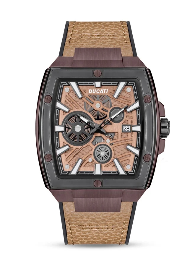 دوكاتي Ducati Men's Industrial Watch with 40mm Gunmetal Rectangular Case, Coffee Semi-Transparent Dial, Water Resistant, Genuine Leather Strap with Silicon Base