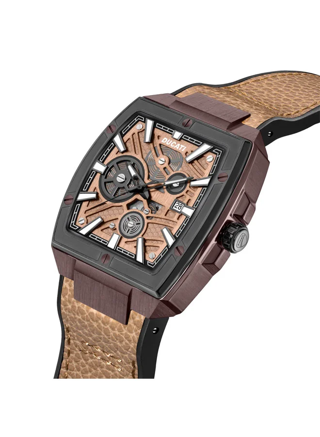 دوكاتي Ducati Men's Industrial Watch with 40mm Gunmetal Rectangular Case, Coffee Semi-Transparent Dial, Water Resistant, Genuine Leather Strap with Silicon Base