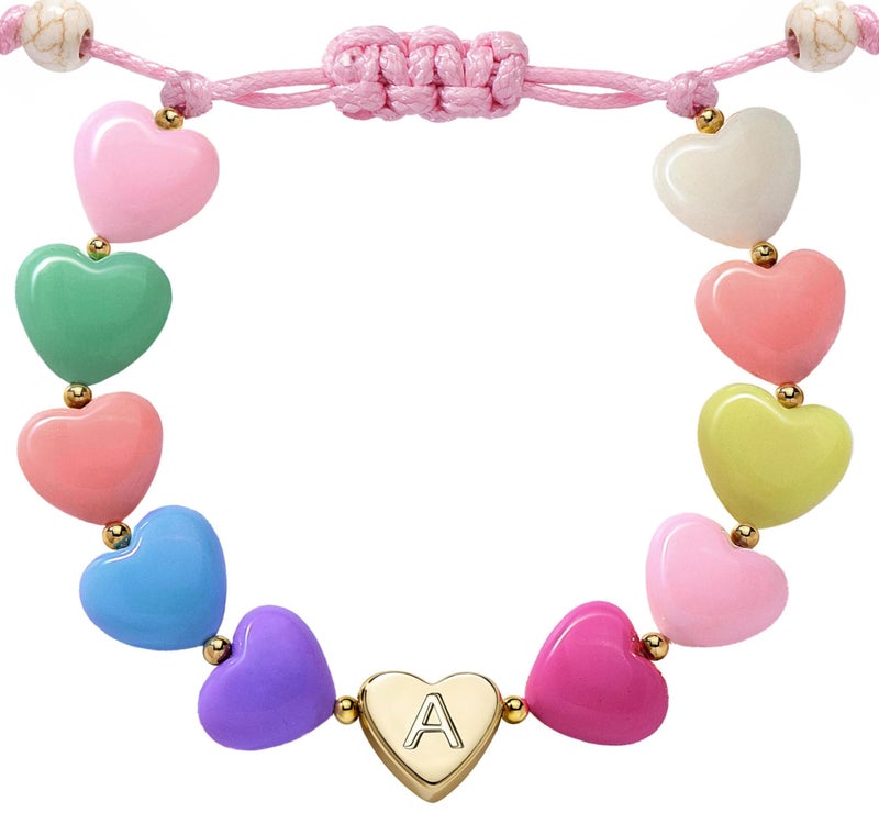 WomenGifts A Initial Heart Bracelets for 3/4/5/6/7/8/9/10/11/12/13/14 Year Old Girls Womenâ€“Easter Egg Fillers, Colorful Beaded Letter A-Z Charm Bracelet, Cute Personalized Birthday Jewelry for Tollder, Teen&Tween,Galentines - Image 1
