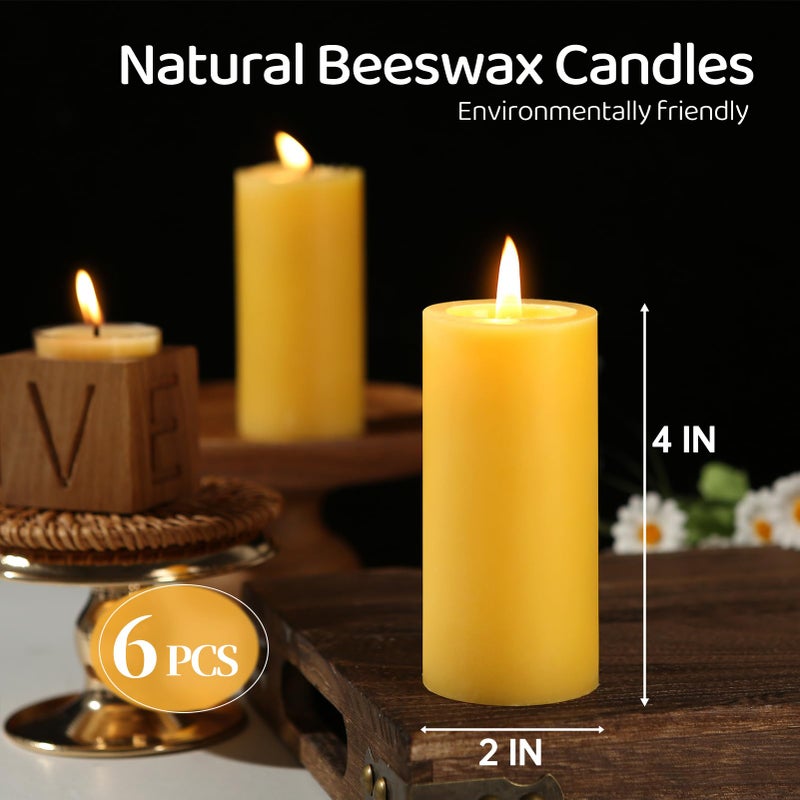 MAKALONE 6 Pack Natural Beeswax Pillar Candles,100% Pure Beeswax Candles-210 Hours Long Burning,Organic Bees Wax Candles for Home,Paryer,Parties,Unscented Dripless Smokeless Beeswax Candle Bulk 2x4in - Image 2