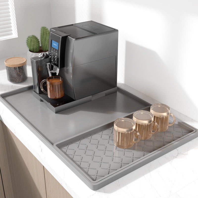 Rnivvi Silicone Coffee Mat 16 x 24 Waterproof Raised Edge Coffee Bar Mats for Espresso Machine Station Accessories Heat Resistant Detachable Dish Drying Pad for Kitchen Counter Dish Rack Gray
