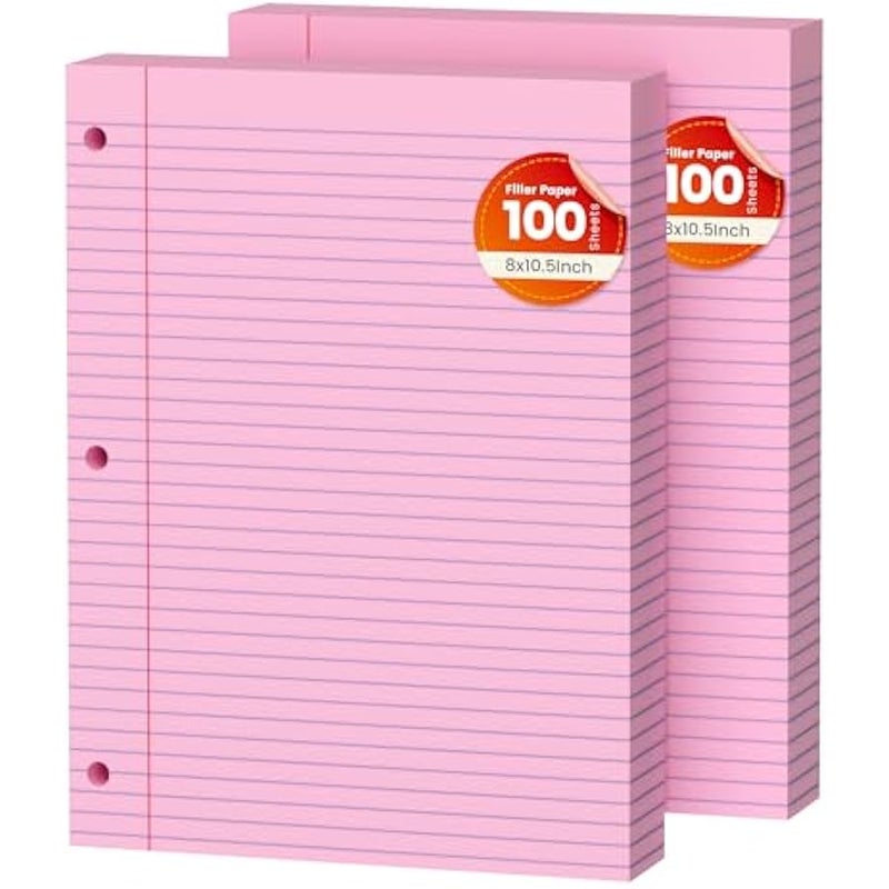 200 ورقة من اوراق الشجر السائبة باللون الزهري، 2 عبوة من 2 قطعة مقاس 8 × 10.5، ورق مثقوب بـ3 فتحات للمجلدات ذات الحلقات الثلاث والدفاتر المسطر 8 انش × 10.5 انش - Image 1
