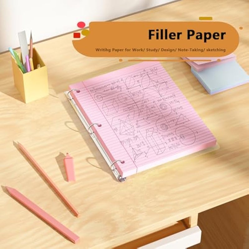200 ورقة من اوراق الشجر السائبة باللون الزهري، 2 عبوة من 2 قطعة مقاس 8 × 10.5، ورق مثقوب بـ3 فتحات للمجلدات ذات الحلقات الثلاث والدفاتر المسطر 8 انش × 10.5 انش - Image 3
