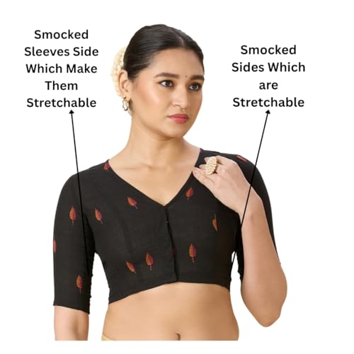 Studio Shringaar Women's Handloom Cotton Stretchable (Smocked) Readymade Saree Blouse (Black, 38) - Image 2