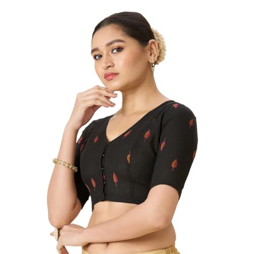 Studio Shringaar Women's Handloom Cotton Stretchable (Smocked) Readymade Saree Blouse (Black, 38) - Image 1