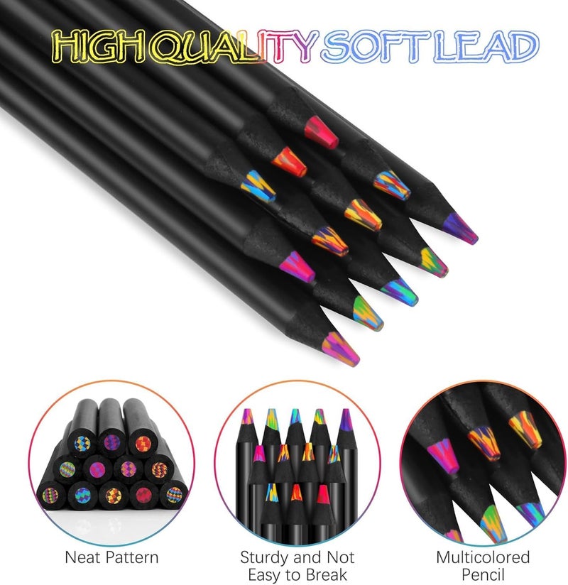 BHAVYAM 24 pcs Rainbow Pencils for Kids Adults, Rainbow Colored Pencil Art Supplies for Girls Boys, Black Wooden Multi Colored Pencils Bulk for Coloring Drawing Sketching (pack of 24) - Image 3