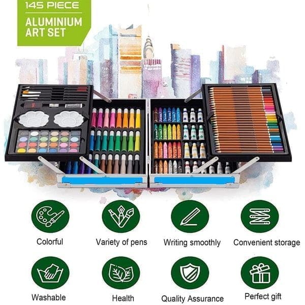 Artek Art Set Gift 145pcs with Portable Aluminum Case Box Professional Artists Drawing Painting Kit for Kids Including Colored Pencils Watercolor Paints (Space Blue) - Image 3