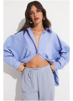 JUNE June Women Cotton Blend Striped Wide Fit Woven Shirt Blue  - Image 3