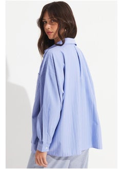 JUNE June Women Cotton Blend Striped Wide Fit Woven Shirt Blue  - Image 5