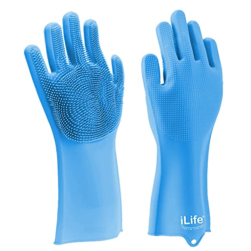 ILIFE Scrub Glove 240 grams Thick Multi-use Latex free Silicon scrubber gloves for Dishwashing Pet grooming car cleaning and heat resistance kitchen gloves 1 Pair Blue - Image 1