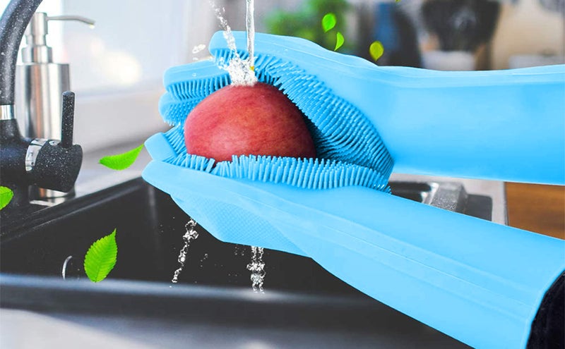 ILIFE Scrub Glove 240 grams Thick Multi-use Latex free Silicon scrubber gloves for Dishwashing Pet grooming car cleaning and heat resistance kitchen gloves 1 Pair Blue - Image 5