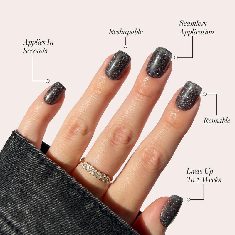 Glamnetic Press On Nails - Cosmic | Semi-Transparent Sparkly Black Short Squoval Fake Nails with a Glossy Finish, Salon Quality | 15 Sizes - 30 Nail Kit with Glue - Image 3