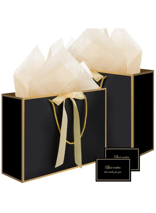 بوبانا حقائب هدايا سوداء من ووريك بمقابض، حقيبة هدايا متوسطة الحجم 14 بوصة مع ورق مناديل، قطعتان من الحقائب مع 4 ورقات مناديل وبطاقتين لحفلات أعياد ميلاد الأولاد وحفلات استقبال المولود - Image 1