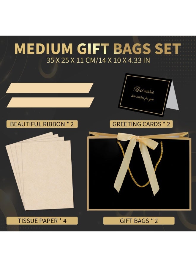 بوبانا حقائب هدايا سوداء من ووريك بمقابض، حقيبة هدايا متوسطة الحجم 14 بوصة مع ورق مناديل، قطعتان من الحقائب مع 4 ورقات مناديل وبطاقتين لحفلات أعياد ميلاد الأولاد وحفلات استقبال المولود - Image 2