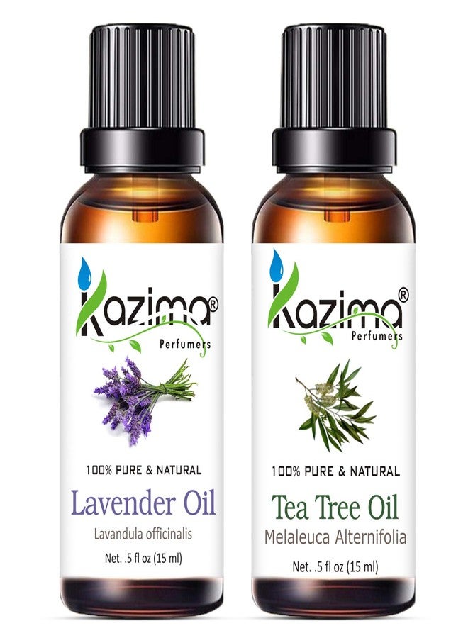 KAZIMA Combo of Lavender Oil and Tea Tree Oil - 100% Pure Essential Oil for Acne, Dandruff, Hair Growth, Body & Massage, 15 ml each - Image 1
