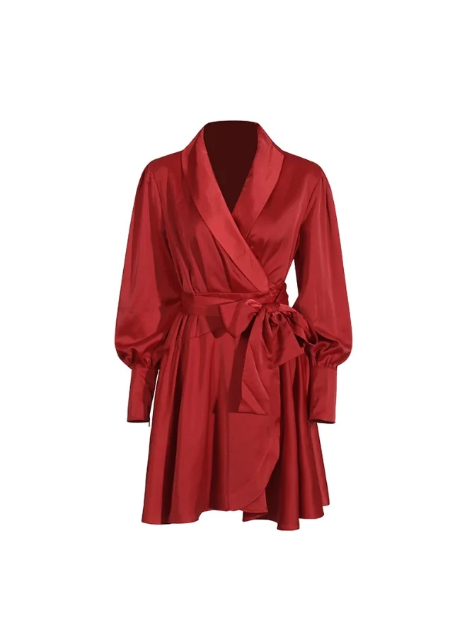 Madam Uniq European and American High-Class Satin Tie Dress - Solid Color Shirt Mini Dress