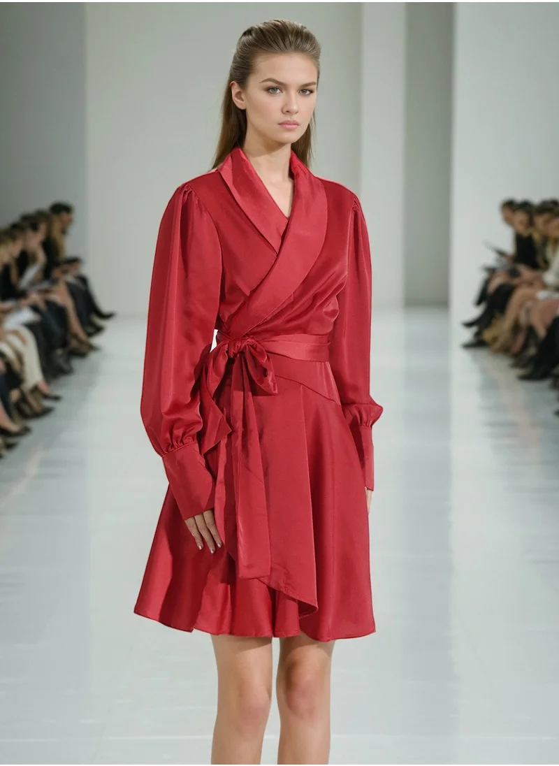 Madam Uniq European and American High-Class Satin Tie Dress - Solid Color Shirt Mini Dress