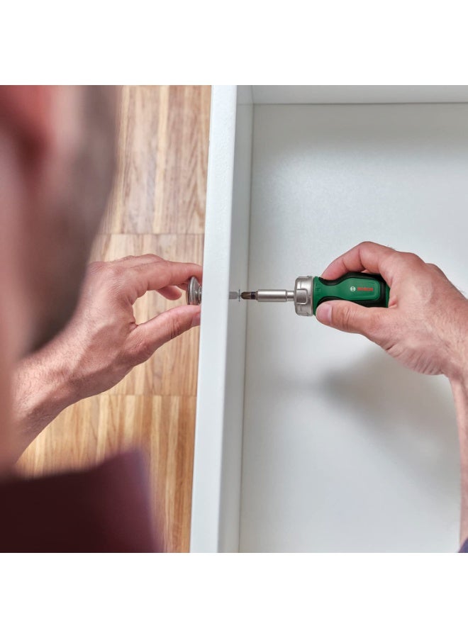 BOSCH Stubby Ratchet Screwdriver | Compact & Ergonomic Design | Ratchet Mechanism | 6 Steel Bits | Soft-Grip Handle,1 Pc - Image 3