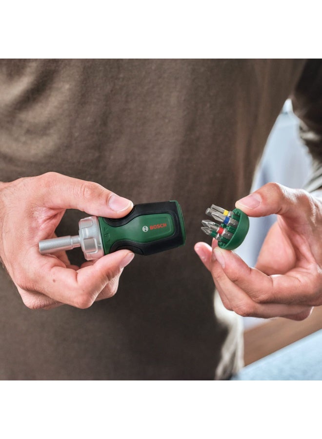 BOSCH Stubby Ratchet Screwdriver | Compact & Ergonomic Design | Ratchet Mechanism | 6 Steel Bits | Soft-Grip Handle,1 Pc - Image 4
