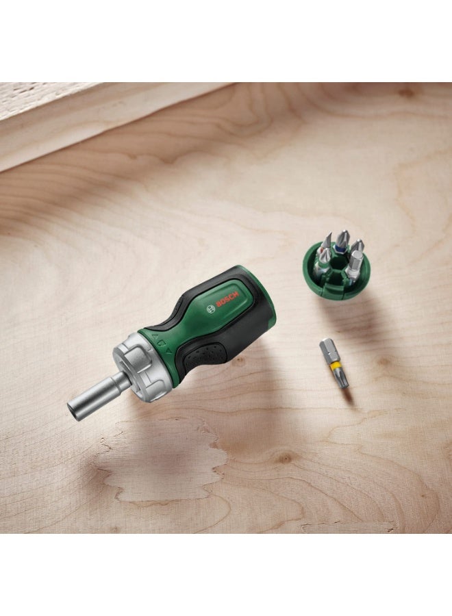 BOSCH Stubby Ratchet Screwdriver | Compact & Ergonomic Design | Ratchet Mechanism | 6 Steel Bits | Soft-Grip Handle,1 Pc - Image 5
