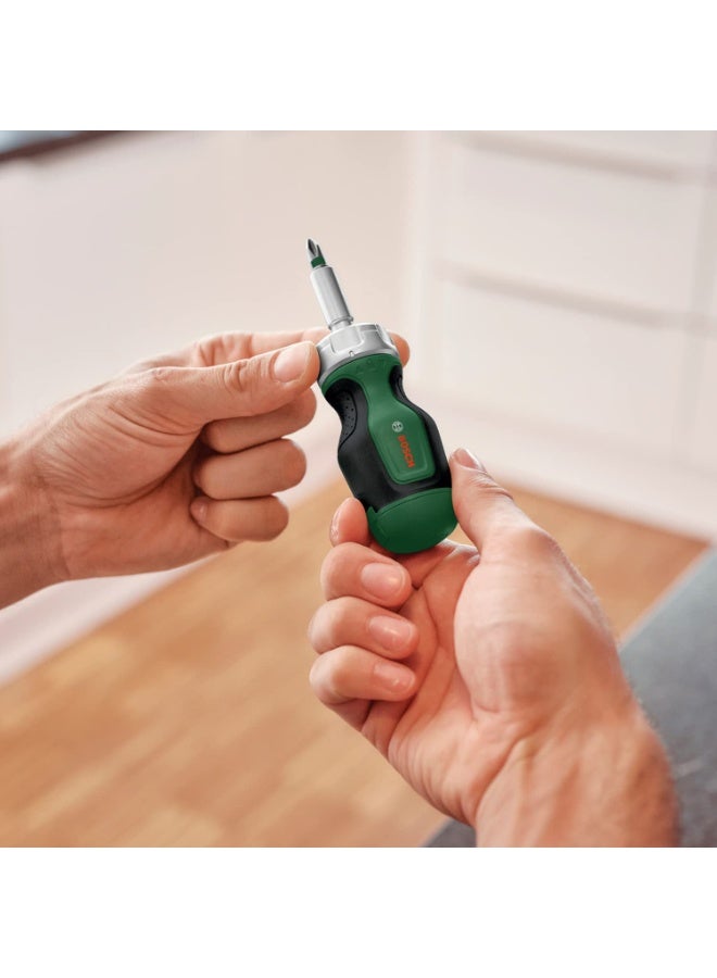 BOSCH Stubby Ratchet Screwdriver | Compact & Ergonomic Design | Ratchet Mechanism | 6 Steel Bits | Soft-Grip Handle,1 Pc - Image 2