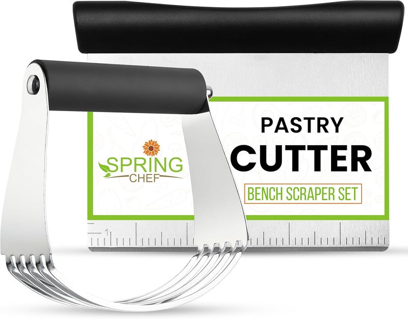 Spring Chef Dough Blender & Pastry Cutter Tool, Stainless Steel Pastry Blender & Bench Scraper for Pizza, Nut, Pie - Multipurpose Dough Cutter & Scraper Tool for Baking with Soft Grip Handles - Black - Image 1