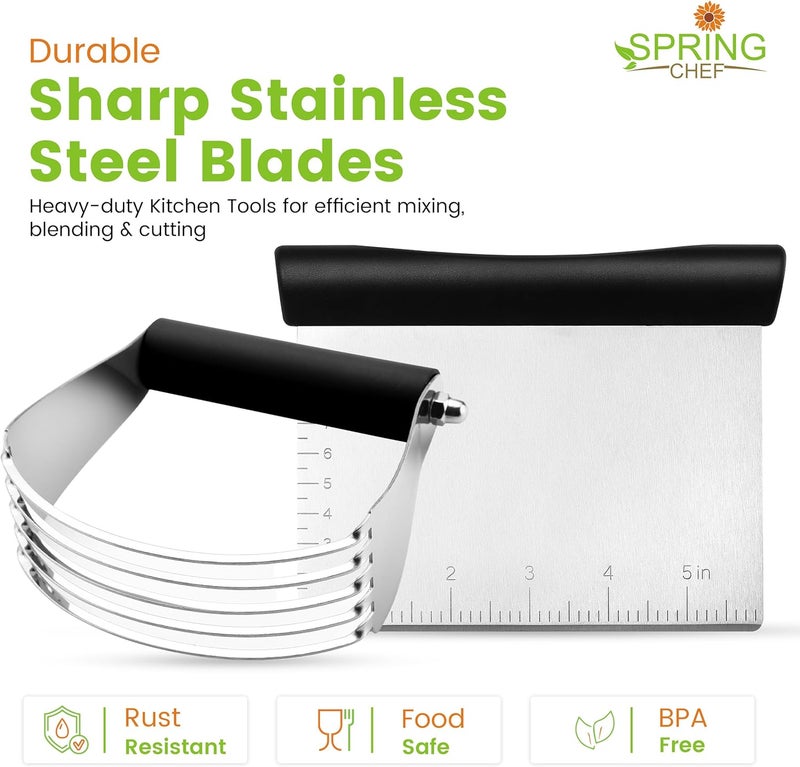 Spring Chef Dough Blender & Pastry Cutter Tool, Stainless Steel Pastry Blender & Bench Scraper for Pizza, Nut, Pie - Multipurpose Dough Cutter & Scraper Tool for Baking with Soft Grip Handles - Black - Image 4