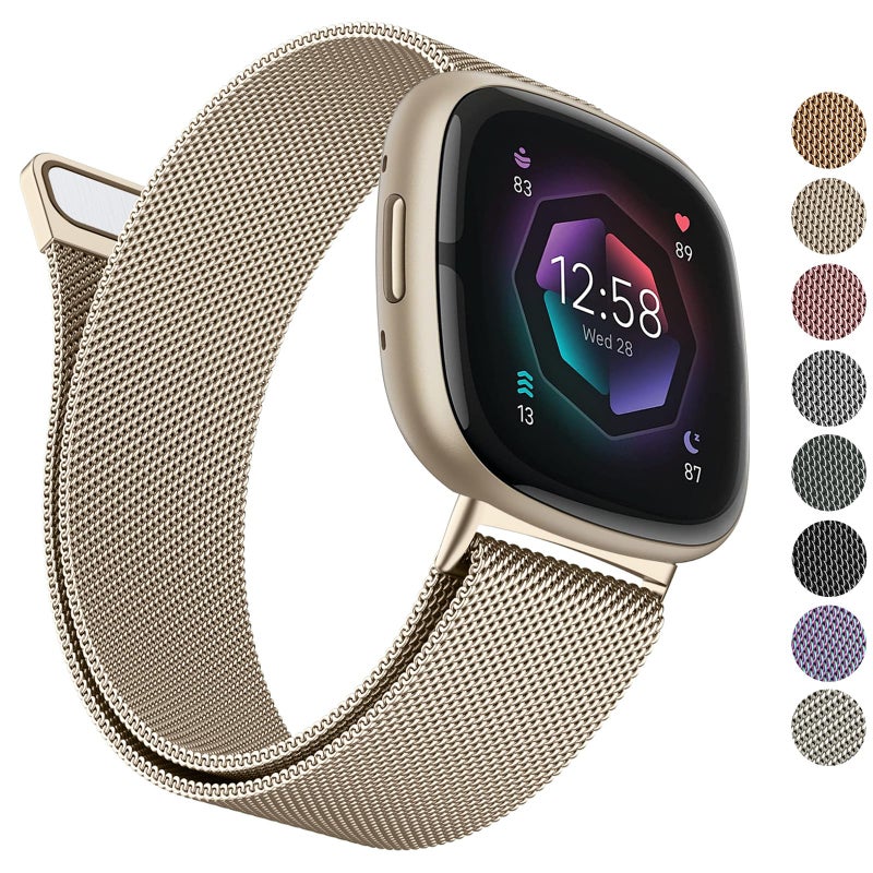 AK Metal Band Compatible With Fitbit Sense 2/Versa 4 - Stainless Steel Mesh Loop Strap for Women Men, Small Champagne - Image 1