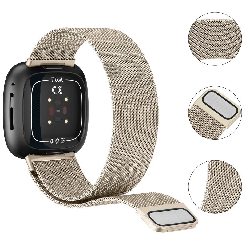 AK Metal Band Compatible With Fitbit Sense 2/Versa 4 - Stainless Steel Mesh Loop Strap for Women Men, Small Champagne - Image 3