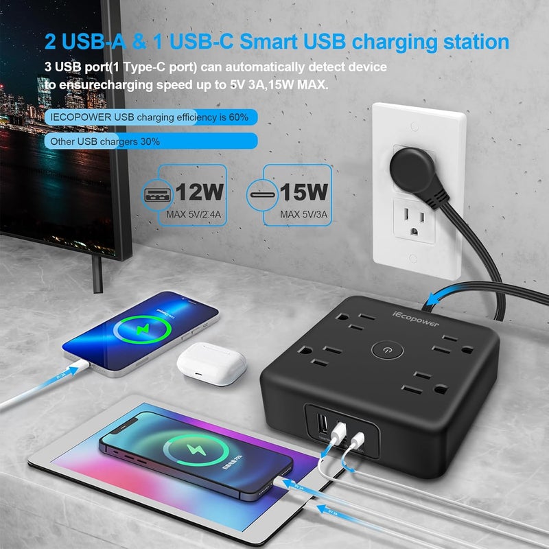 IECOPOWER Ultra Flat Plug Power Strip,Power Strip Surge Protector with 4 Widely Outlets - Image 3