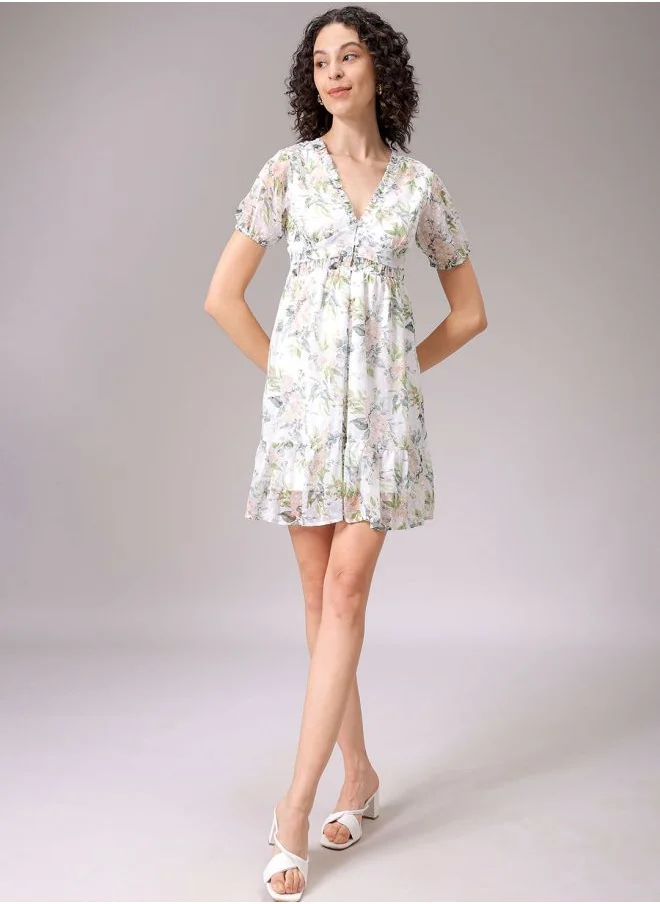 Freehand Women Fit and Flared Casual Tropical Print Ruffle Dress