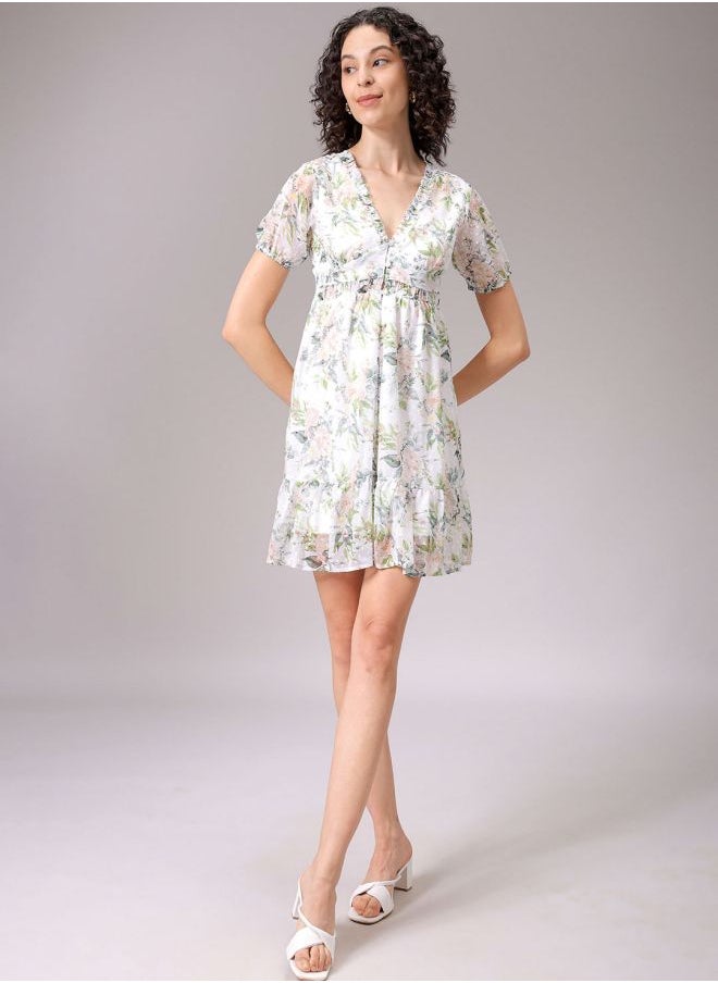 Freehand - Women Fit and Flared Casual Tropical Print Ruffle Dress - Image 1