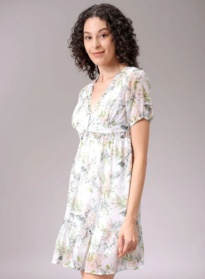 Freehand Women Fit and Flared Casual Tropical Print Ruffle Dress