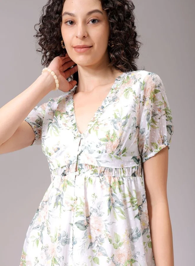 Freehand Women Fit and Flared Casual Tropical Print Ruffle Dress