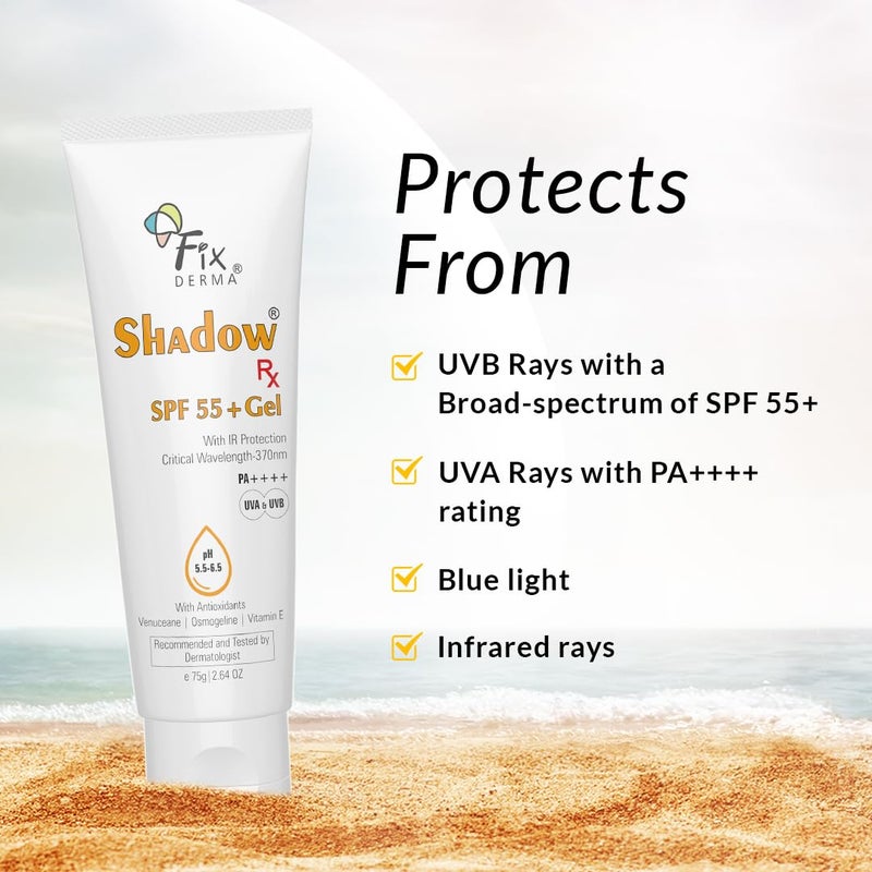 FIXDERMA جل واقي الشمس فيكسدرما شادو RX SPF 55 للبشرة الدهنية واقي شمس بحد أدنى SPF 50 واقي شمس للجسم والوجه واقي شمس هجين مع حماية من UVA و UVB و IR وفيتامين E 75 جرام - Image 5