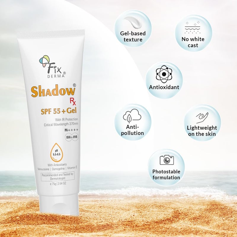 FIXDERMA جل واقي الشمس فيكسدرما شادو RX SPF 55 للبشرة الدهنية واقي شمس بحد أدنى SPF 50 واقي شمس للجسم والوجه واقي شمس هجين مع حماية من UVA و UVB و IR وفيتامين E 75 جرام - Image 3