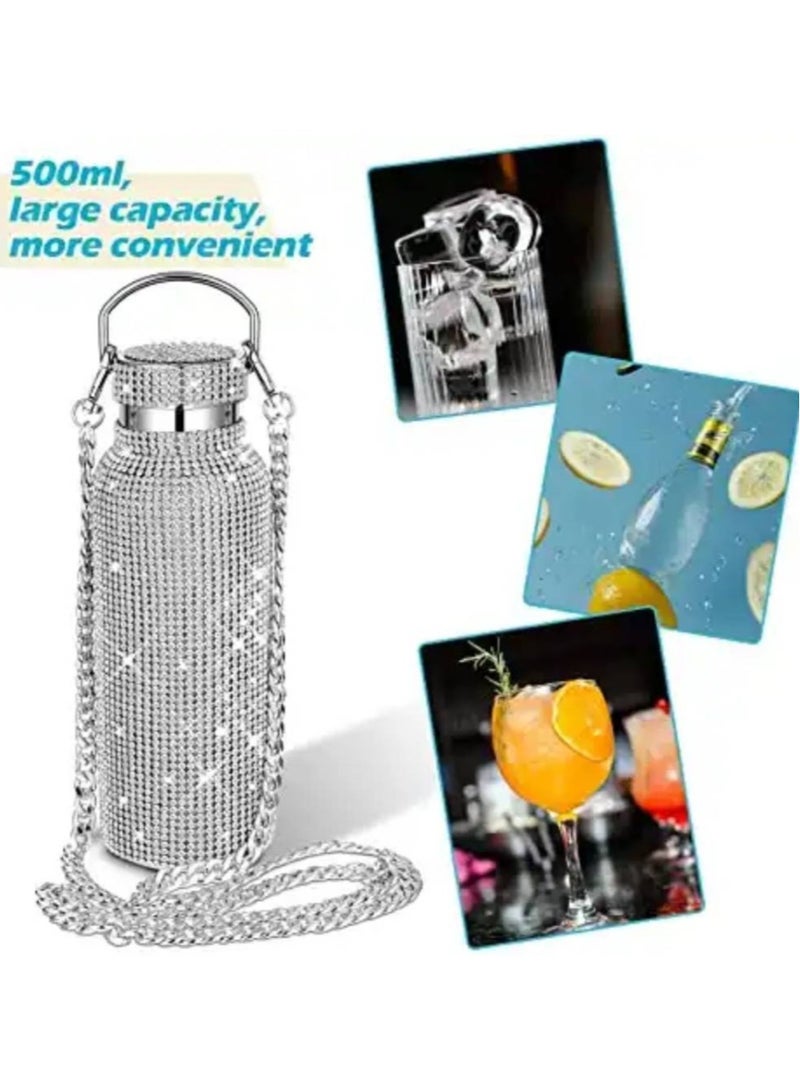 AROAQ 500ml Glitter Tumbler Thermal with Chain Bling Bottle with Lids Stainless Steel for Women Girl Water Bottle - Image 2