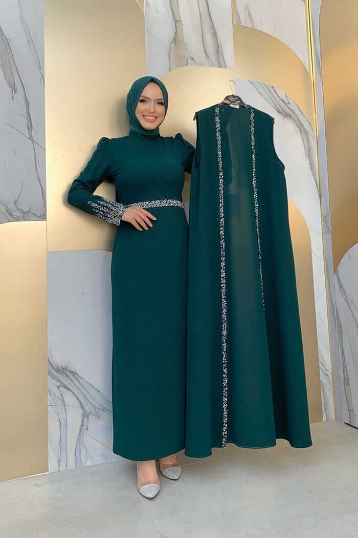 Bym Fashion Plus Size Stone Embroidery Detailed Vest Dress Suit 3838-1 Emerald  - Image 1