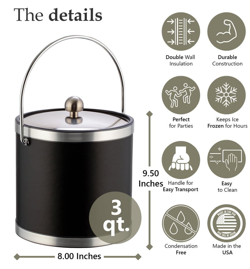 Kraftware Sophisticates Brushed Chrome Ice Bucket with Bale Handle and Metal Cover, Black - 3 Quart - Image 2