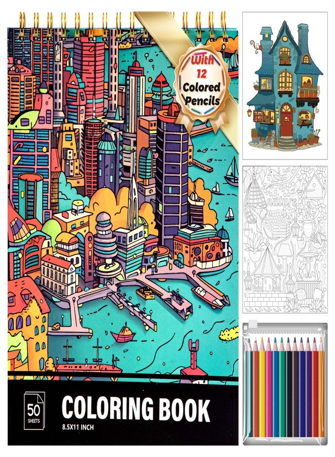 Flying Eagle Architecture Coloring Book for Adults 41 Unique Single Sided Patterns and 9 Blank Pages with 12 Colored Pencils Set 130GSM Thick Paper Stress Relief & Mindfulness Gift for Women Men, 8.5 X 11in - Image 1