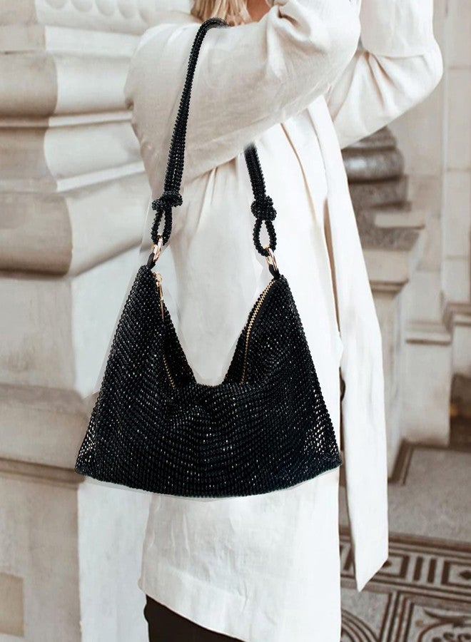iSamzan Rhinestone Purse Silver Hobo Purse Sparkly Black Evening Bag for Women Prom Party Wedding-Black - Image 3