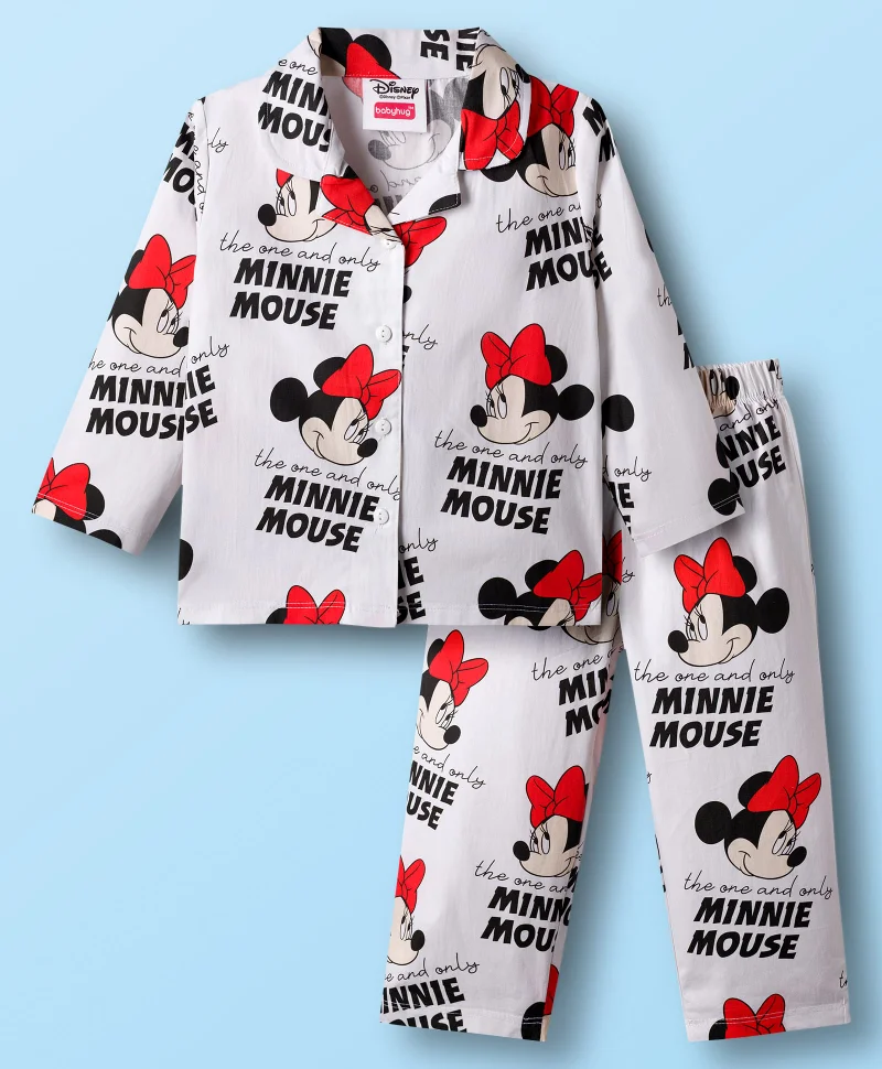 Babyhug Disney Babyhug Disney Single Jersey Knit Full Sleeves Co-ord Night Suit With Minnie Mouse Print - White