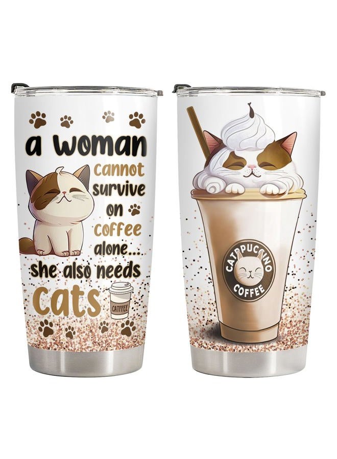 34HD Cat Lady Tumbler with Lid, 20oz Stainless Steel Vacuum Insulated Coffee Mug with Cats, Cute Kitty Gifts for Her Women, Cat Mom Gifts for Birthday Mothers Day Christmas - Image 1