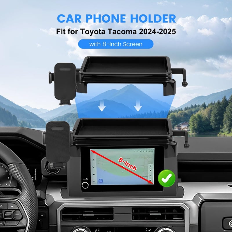 FETUSI Car Phone Holder Compatible with Toyota Tacoma 2024 2025 Accessories 8-Inch Screen Fixed Clip, Cell Phone Mount with Dash Organizer Center Console Tray Hands-Free 360Â° Rotation - Image 2