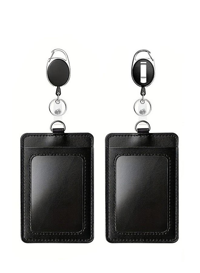 Heavy Duty Retractable Reel Clips Set with Carabiner Reel Clip and Retractable Badge Reel, PU Vertical Leather ID Card Holder, Black - Image 1