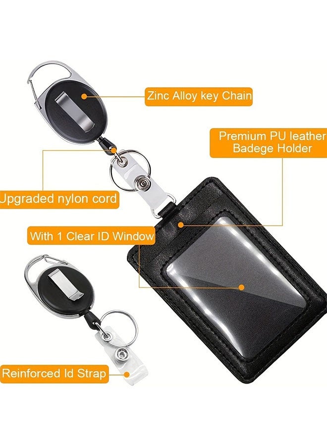 Heavy Duty Retractable Reel Clips Set with Carabiner Reel Clip and Retractable Badge Reel, PU Vertical Leather ID Card Holder, Black - Image 2